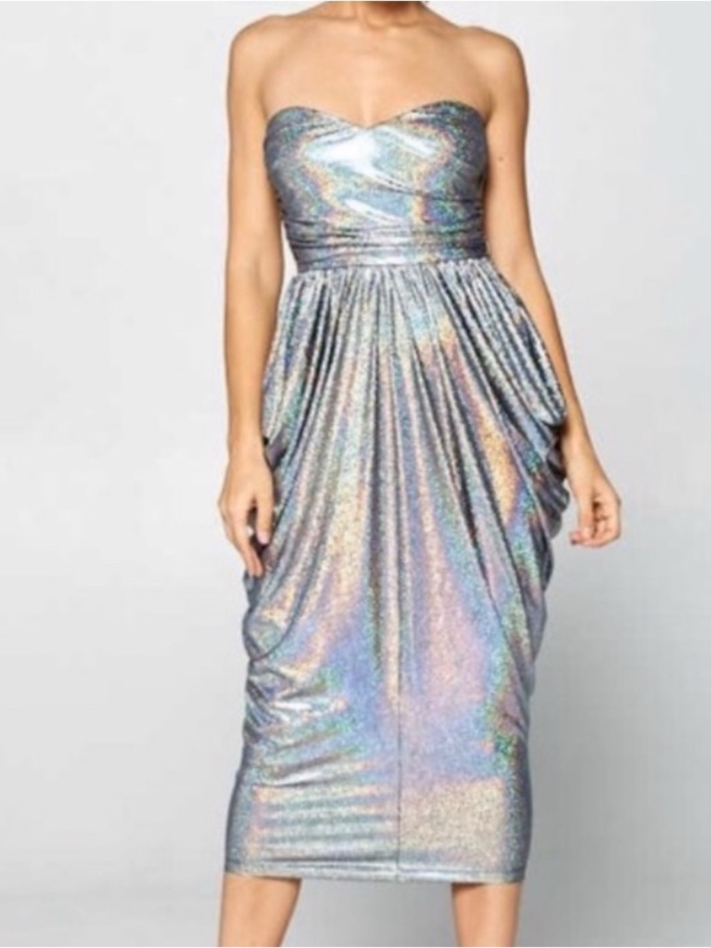 Holographic Silver Strapless Midi Dress